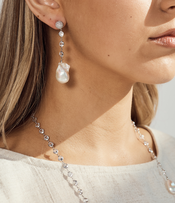Baroque Pearl & Crystal Earrings - Silver & Rhodium