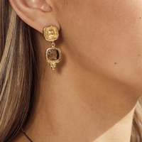 Gold earrings worn by a person with a neutral background