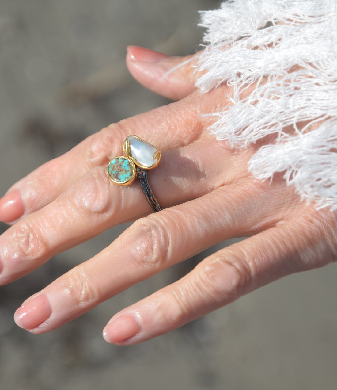 Oval Turquoise and Pearl Ring