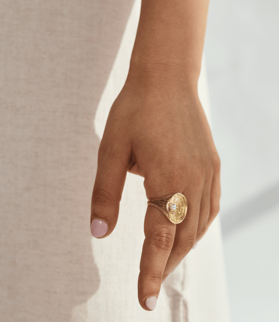 Gold Coin & Pearl Ring