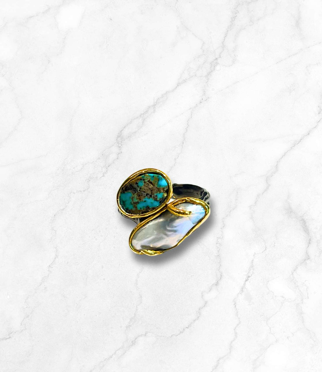 Oval Turquoise and Pearl Ring