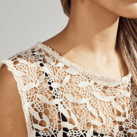Close-up of a person wearing a white lace top against a neutral background