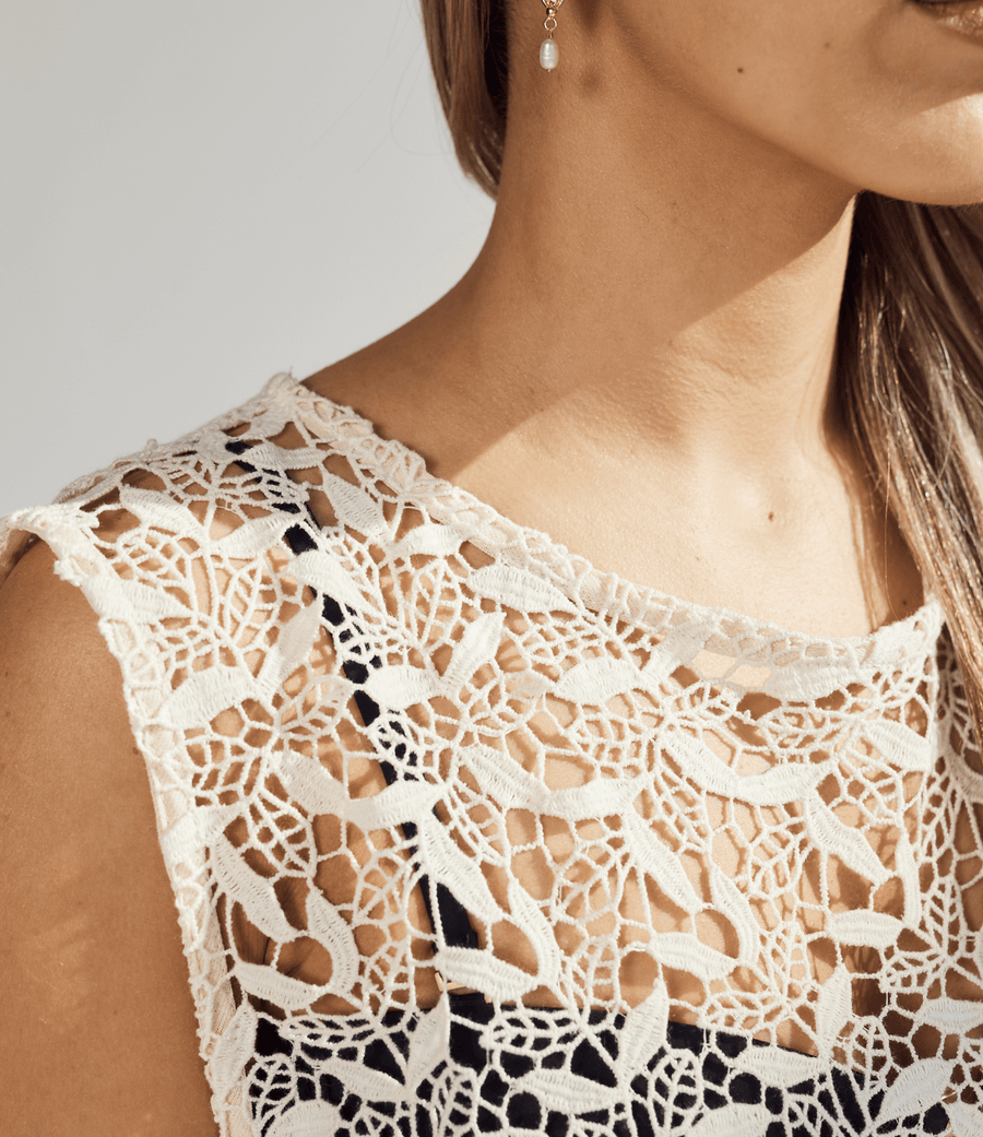 Close-up of a person wearing a white lace top against a neutral background