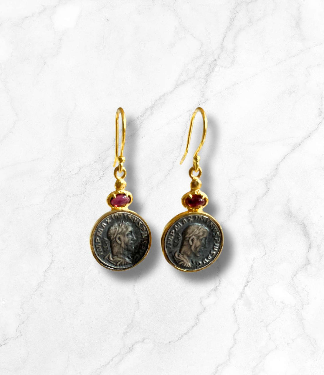 Coin and Garnet Earrings